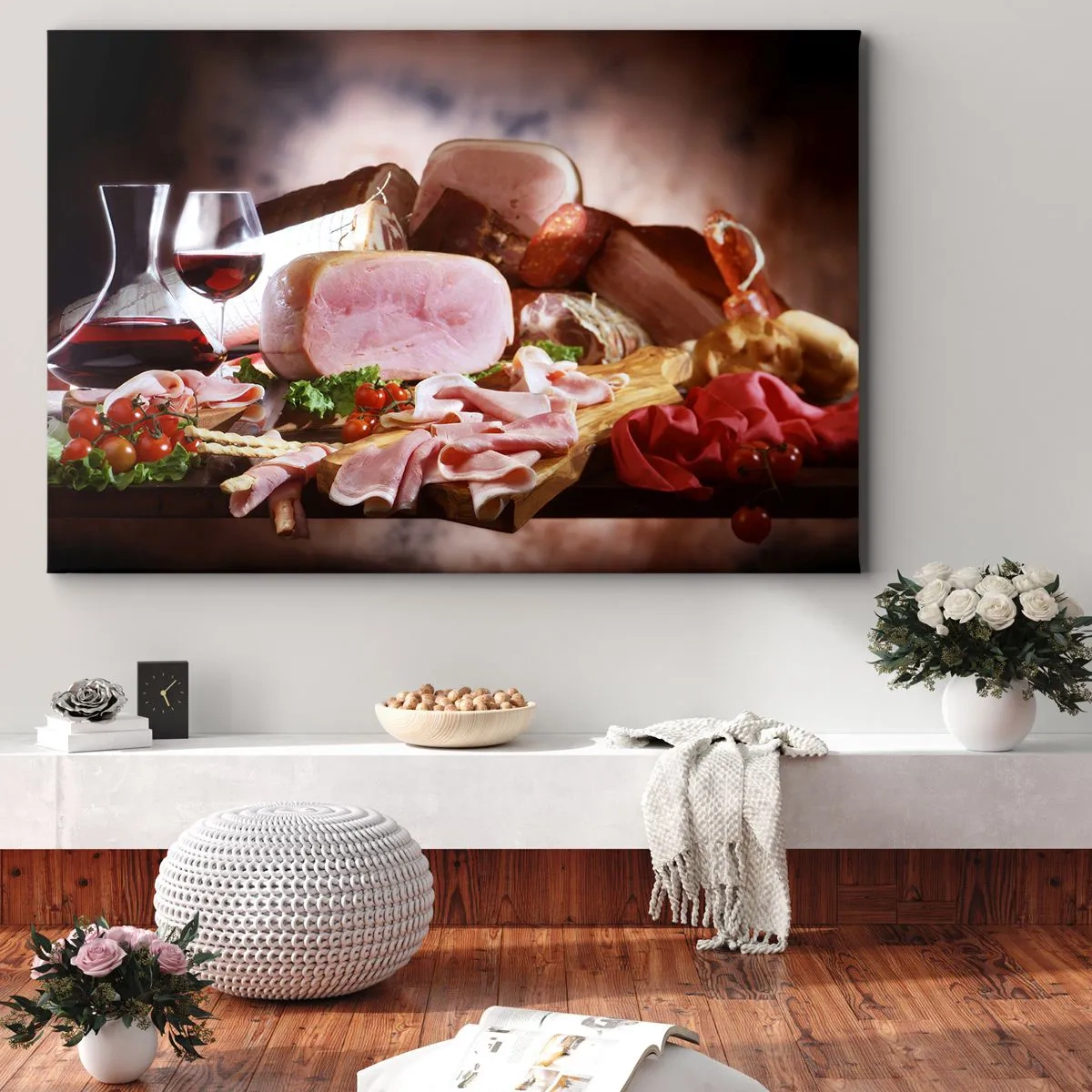 Vászonkép - Felvágottak borral rusztikus háttérrel - 70x50cm - Kulináris álom kancsóval - Modern fali dekoráció nappalihoz és hálószobához ARTTOR