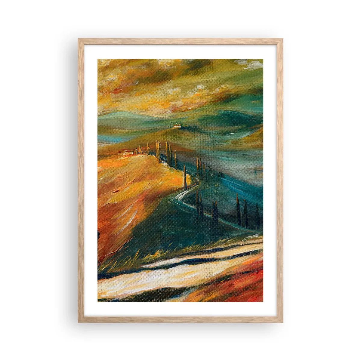 Poszter világos tölgy keretben - Toszkán táj - 50x70 cm