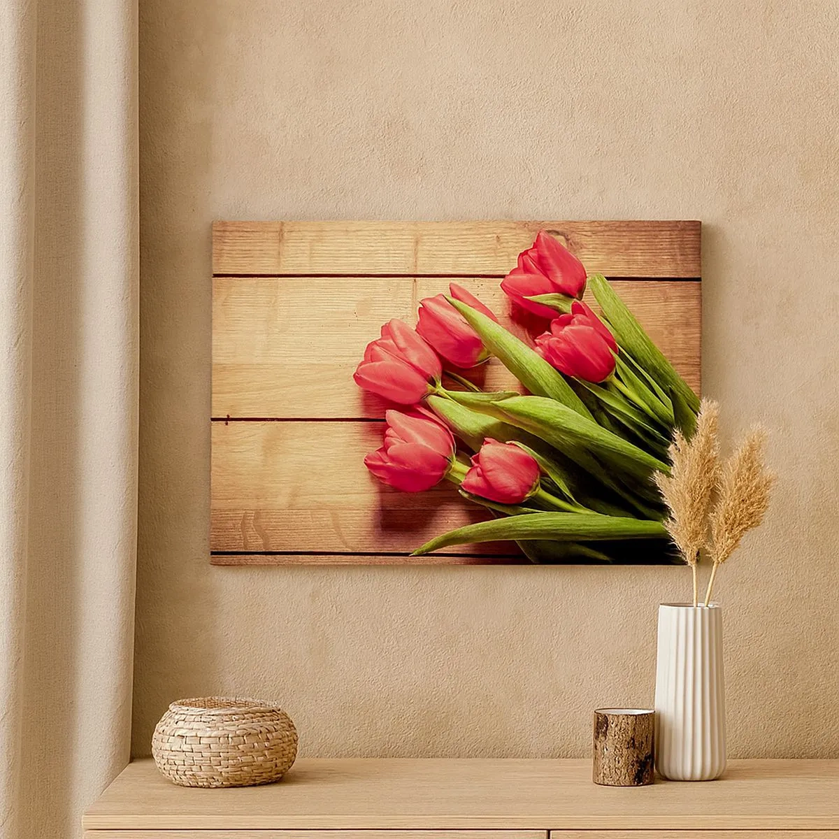 Vászonkép - Egy csokor rózsaszín tulipán fából készült háttéren - 70x50cm - Tavaszi vallomás - Modern fali dekoráció nappalihoz és hálószobához ARTTOR