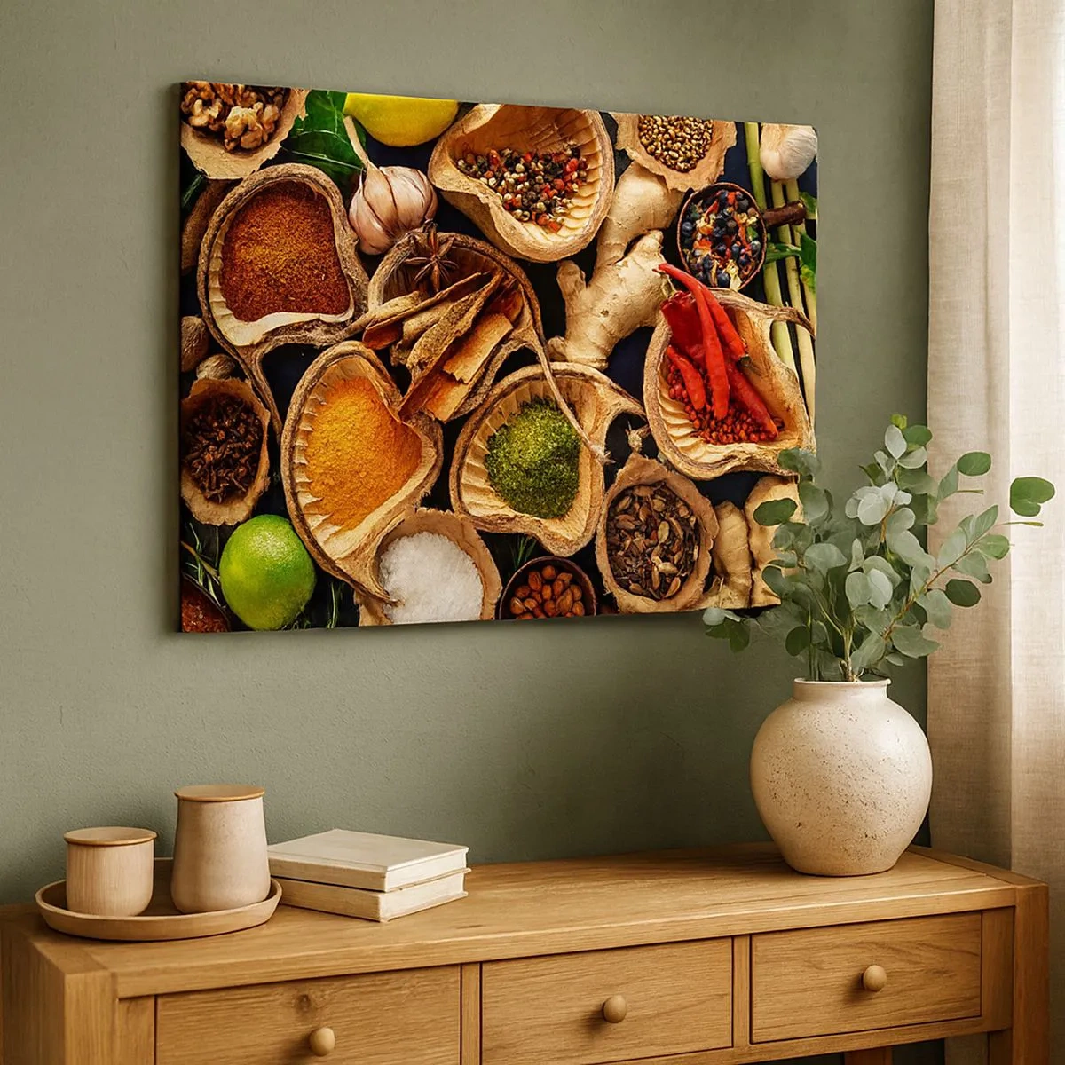 Vászonkép - Különböző színű fűszerekkel teli tálak - 70x50cm - Vigyél, amit akarsz - Modern fali dekoráció nappalihoz és hálószobához ARTTOR