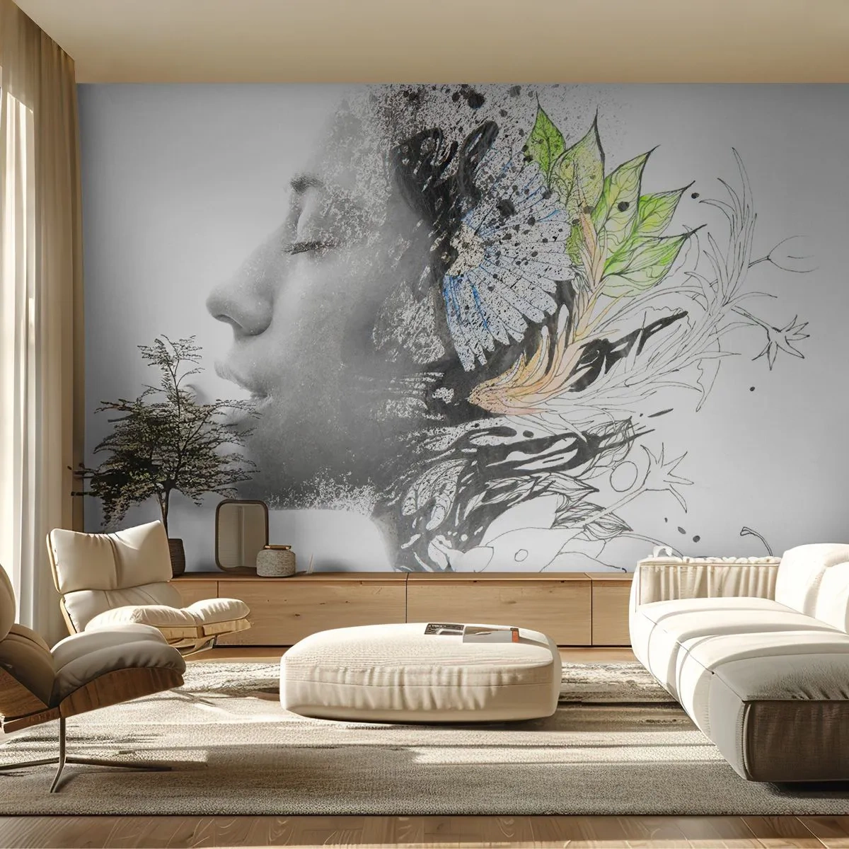 Fotótapéta Premium Sand - Elmerülve a természetben - Absztrakció, Női Arc, Virágok - 100x70 cm