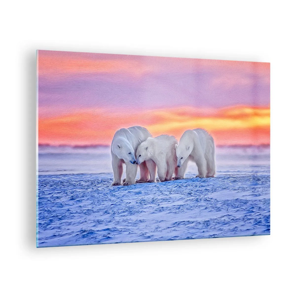 Üveg kép - Három jegesmedve havas háttér előtt naplementekor - 70x50cm - Elég a családi meleg - Modern fali dekoráció nappalihoz és hálószobához ARTTOR