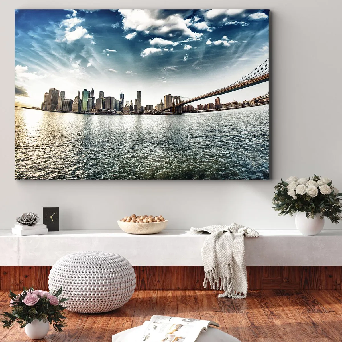 Vászonkép - A város panorámája egy híddal a kék ég ellen - 70x50cm - Az üvegsziget - Modern fali dekoráció nappalihoz és hálószobához ARTTOR