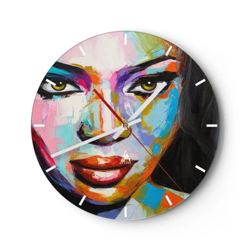 Falióra, Óra - Egy nő színes portréja intenzív színekben - 30x30cm - Lehetetlen levenni a tekintetet - Modern fali dekoráció nappalihoz, konyhához és hálószobához ARTTOR