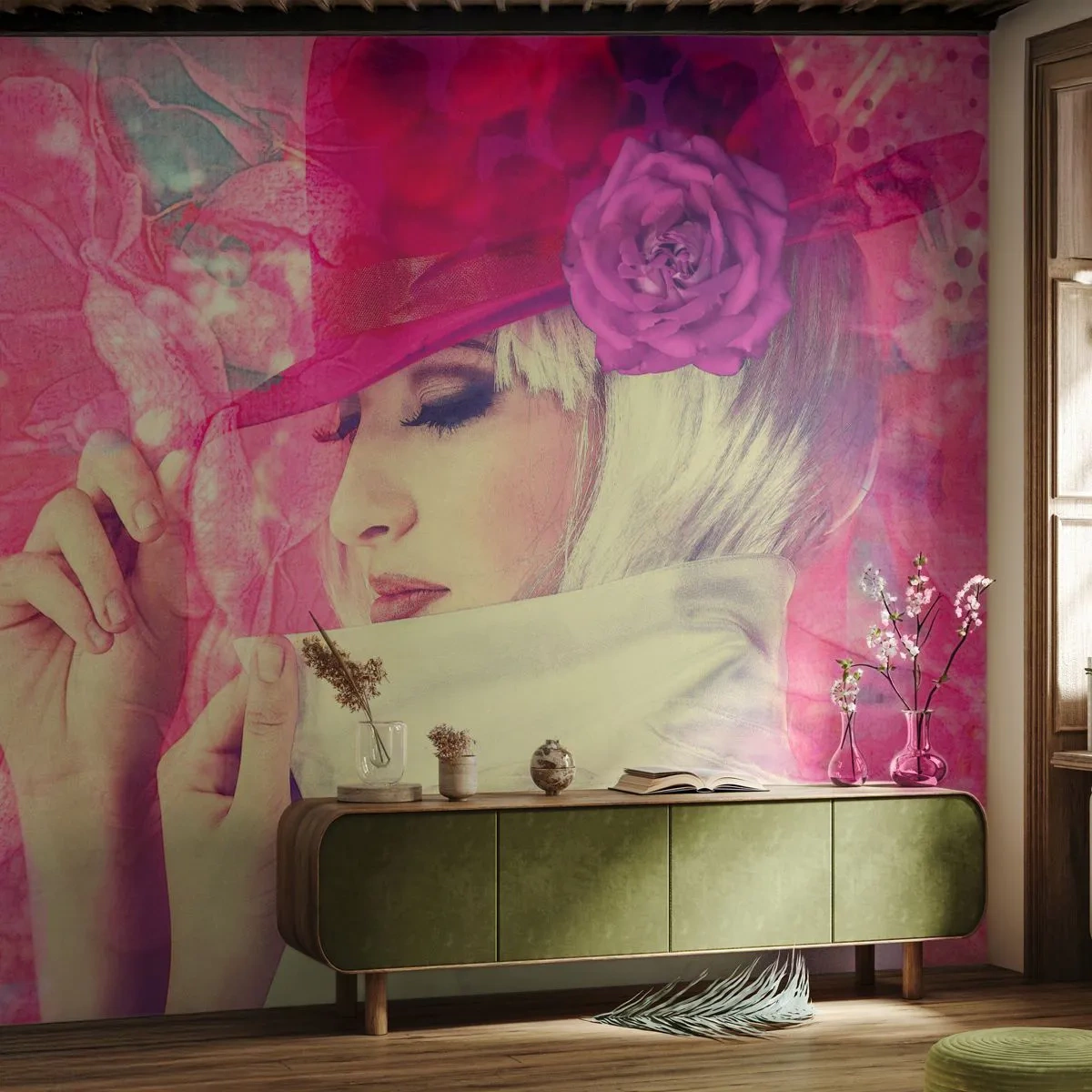 Fotótapéta Premium Canvas - Retro portré rózsaszín ködben - Nő Kalapban, Virágok, Divat - 350x256 cm