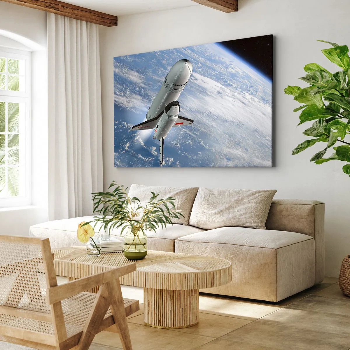 Vászonkép - Egy űrrakéta emelkedik a Föld hátterében - 70x50cm - Kozmikus mennybemenetel - Modern fali dekoráció nappalihoz és hálószobához ARTTOR