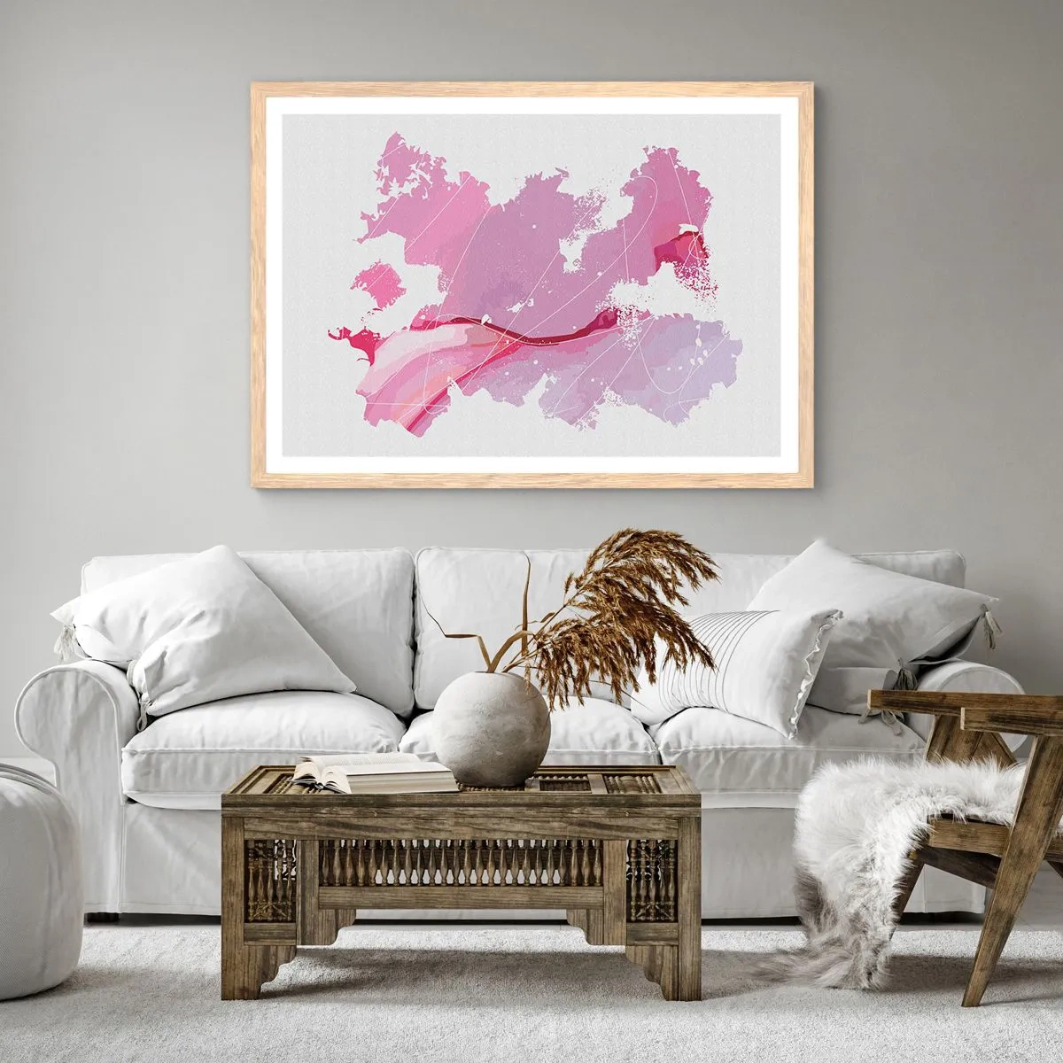 Poszter világos tölgy keretben - Egy rózsaszín világ térképe - 100x70 cm