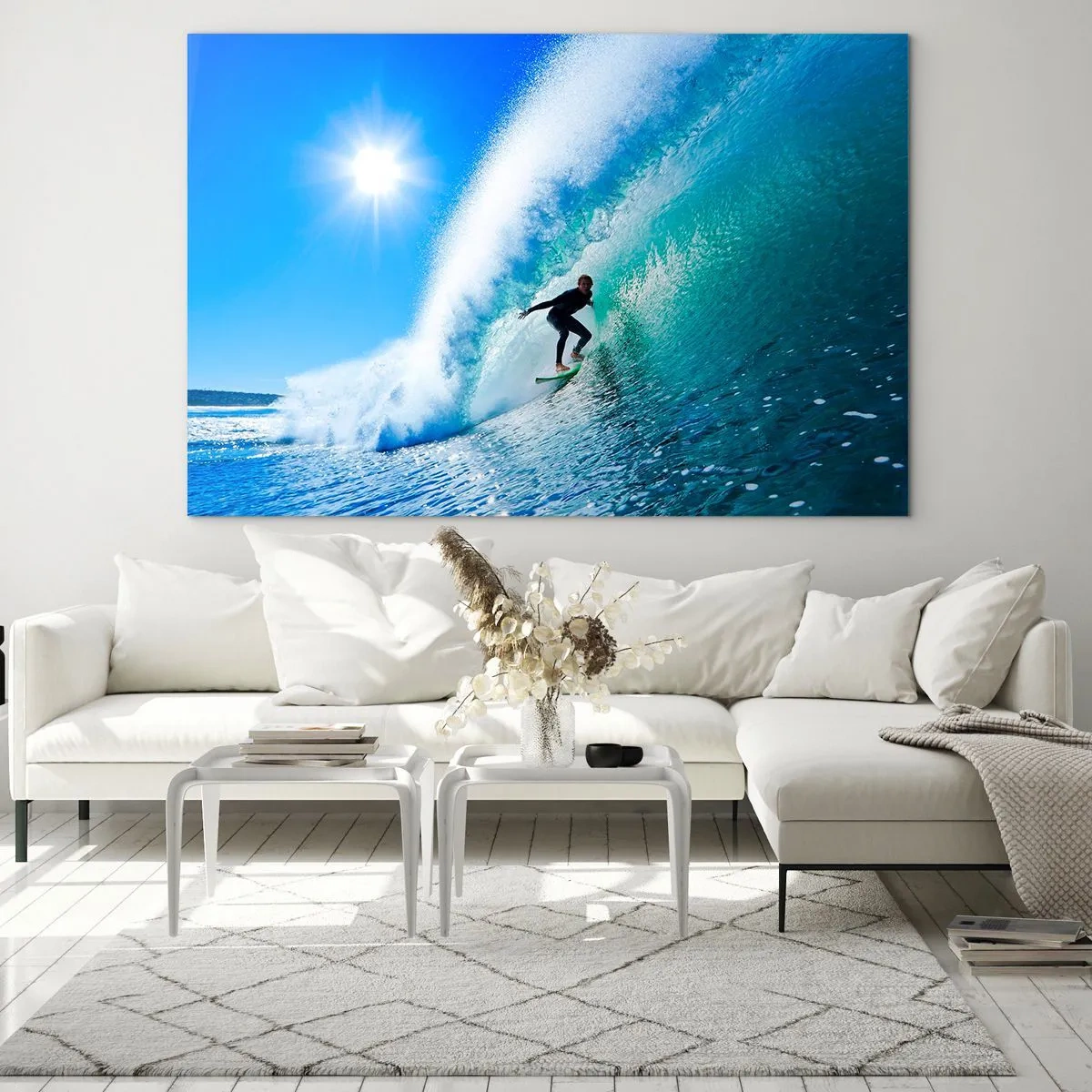 Üveg kép - Szörfös egy hullámon egy napsütéses napon - 70x50cm - A nagy kéken keresztül - Modern fali dekoráció nappalihoz és hálószobához ARTTOR