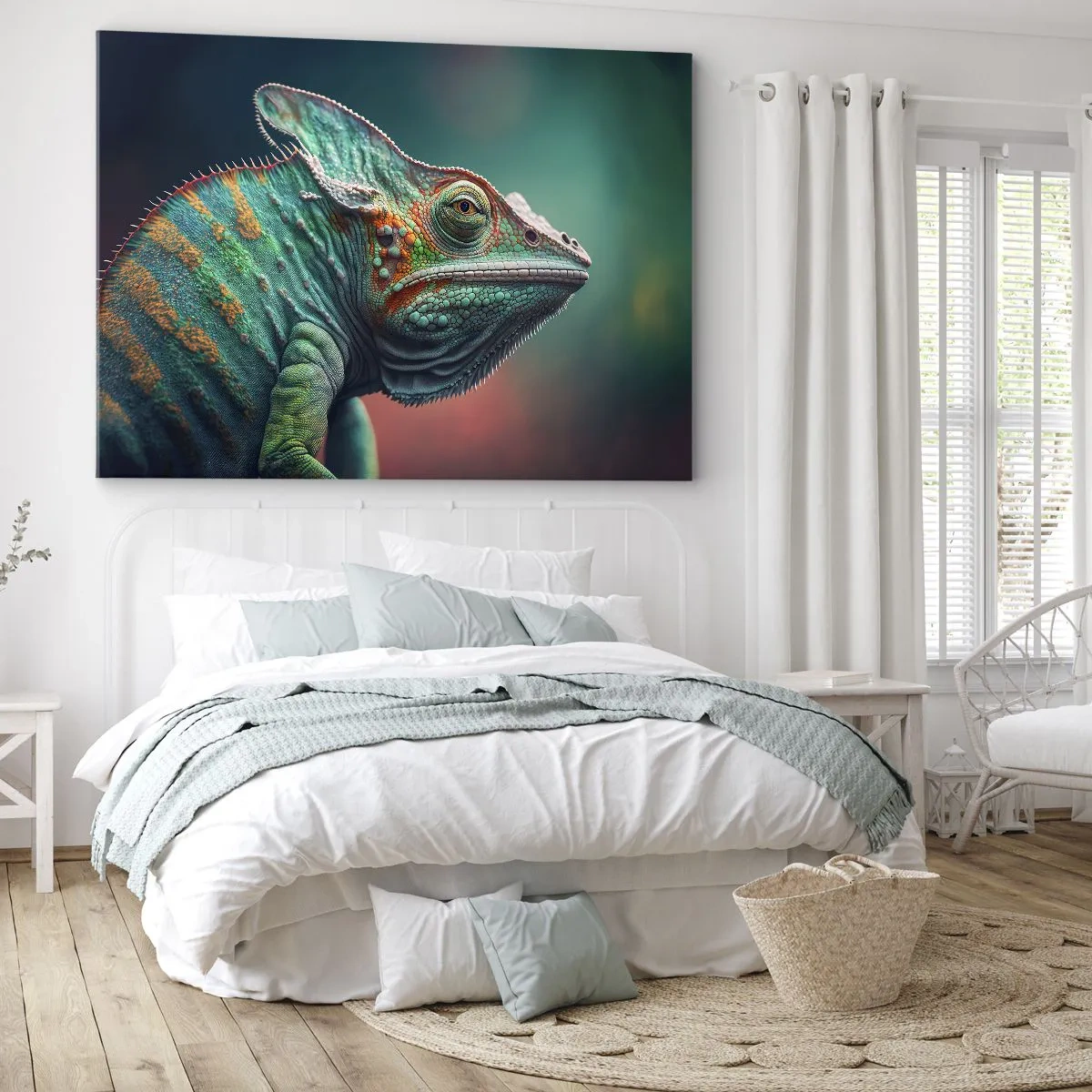 Vászonkép - Közeli kép egy kaméleonról intenzív színekben - 70x50cm - Látsz engem? Nem jó... - Modern fali dekoráció nappalihoz és hálószobához ARTTOR
