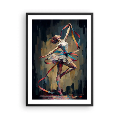 Poszter fehér keretben - Egy táncos dinamikus pózban, színes szalagokkal. - 50x70cm - Tánc egy szalaggal - Modern fali dekoráció nappalihoz és hálószobához ARTTOR