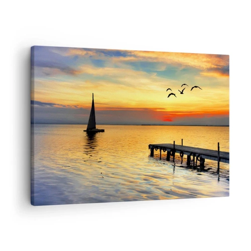 Vászonkép - Naplemente vitorlással és mólóval egy nyugodt tavon - 70x50cm - Az esti visszatérések - Modern fali dekoráció nappalihoz és hálószobához ARTTOR