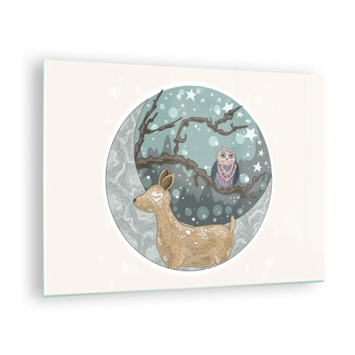 Üveg kép - Szarvas és bagoly illusztrációja varázslatos környezetben - 70x50cm - Mesebeli erdei éjszaka - Modern fali dekoráció nappalihoz és hálószobához ARTTOR
