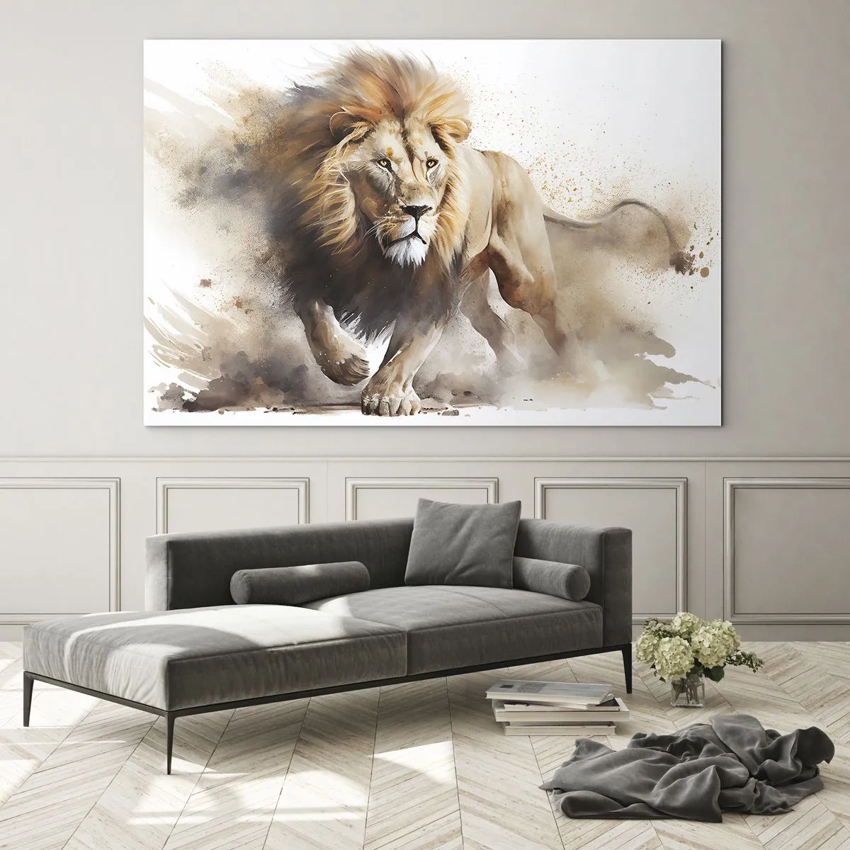 Üveg kép - Egy futó oroszlán dinamikus akvarell stílusú felvétele - 70x50cm - A király elindult - Modern fali dekoráció nappalihoz és hálószobához ARTTOR
