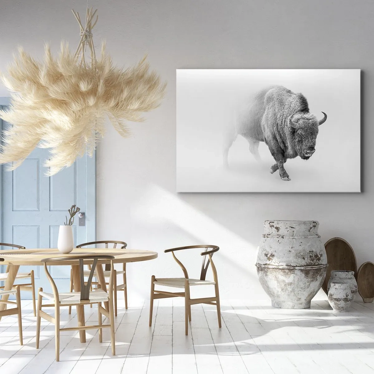 Vászonkép - Fehér bölény minimalista környezetben - 70x50cm - A préri királya - Modern fali dekoráció nappalihoz és hálószobához ARTTOR