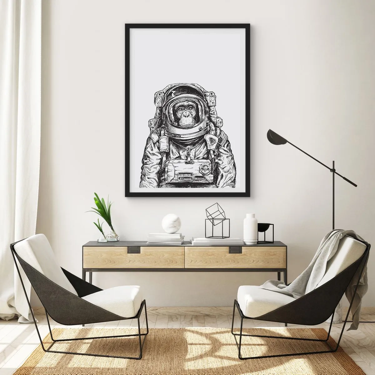 Poszter fehér keretben - Egy majom űrruhában, fehér alapon - 50x70cm - Alternatív evolúció - Modern fali dekoráció nappalihoz és hálószobához ARTTOR