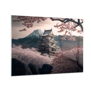 Üveg kép - Egy hagyományos japán pagoda cseresznyevirágzás és hegyek között - 70x50cm - A cseresznyevirágzás országa - Modern fali dekoráció nappalihoz és hálószobához ARTTOR
