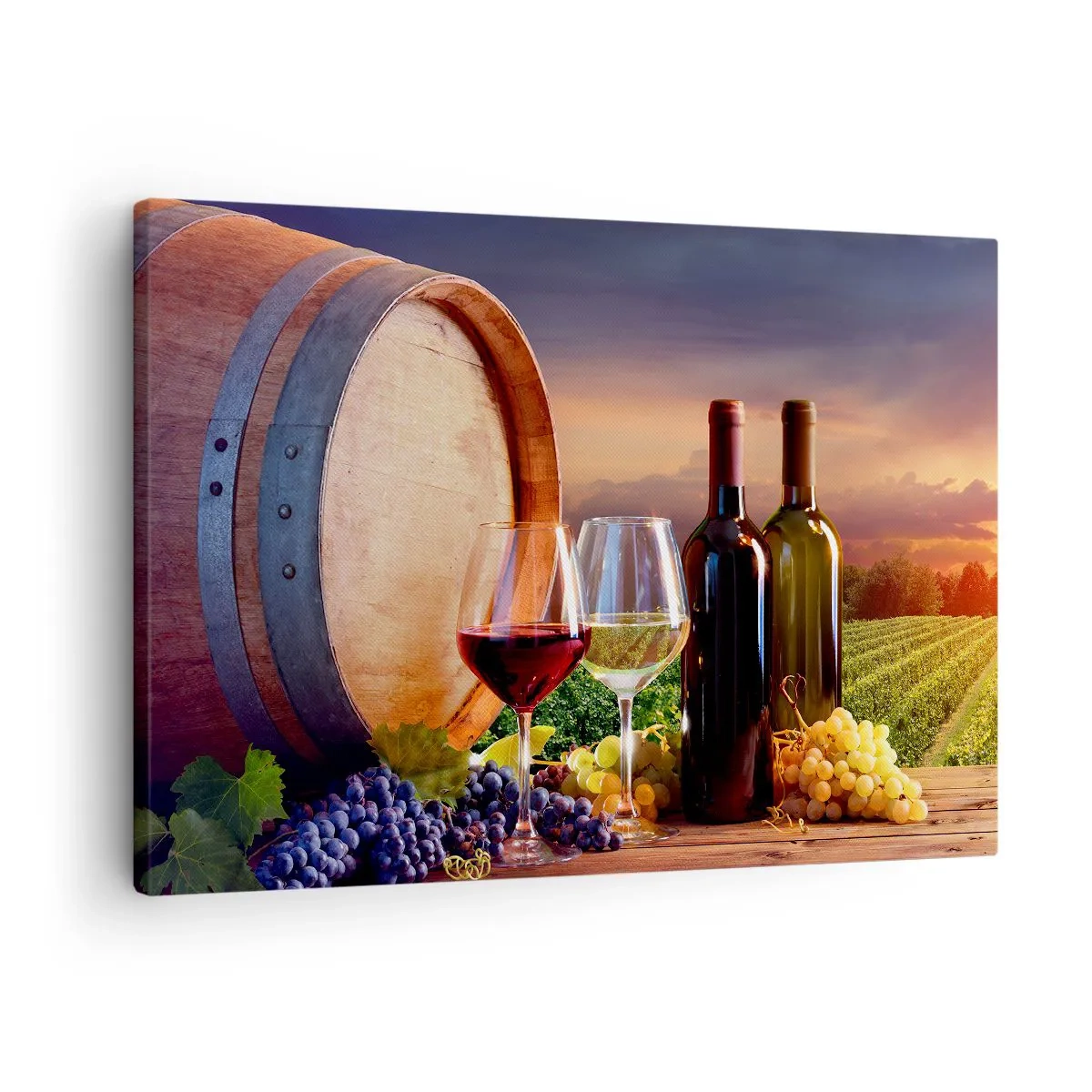 Vászonkép - Bor, poharak és egy hordó festői tájban - 70x50cm - Az életnek itt íze van - Modern fali dekoráció nappalihoz és hálószobához ARTTOR