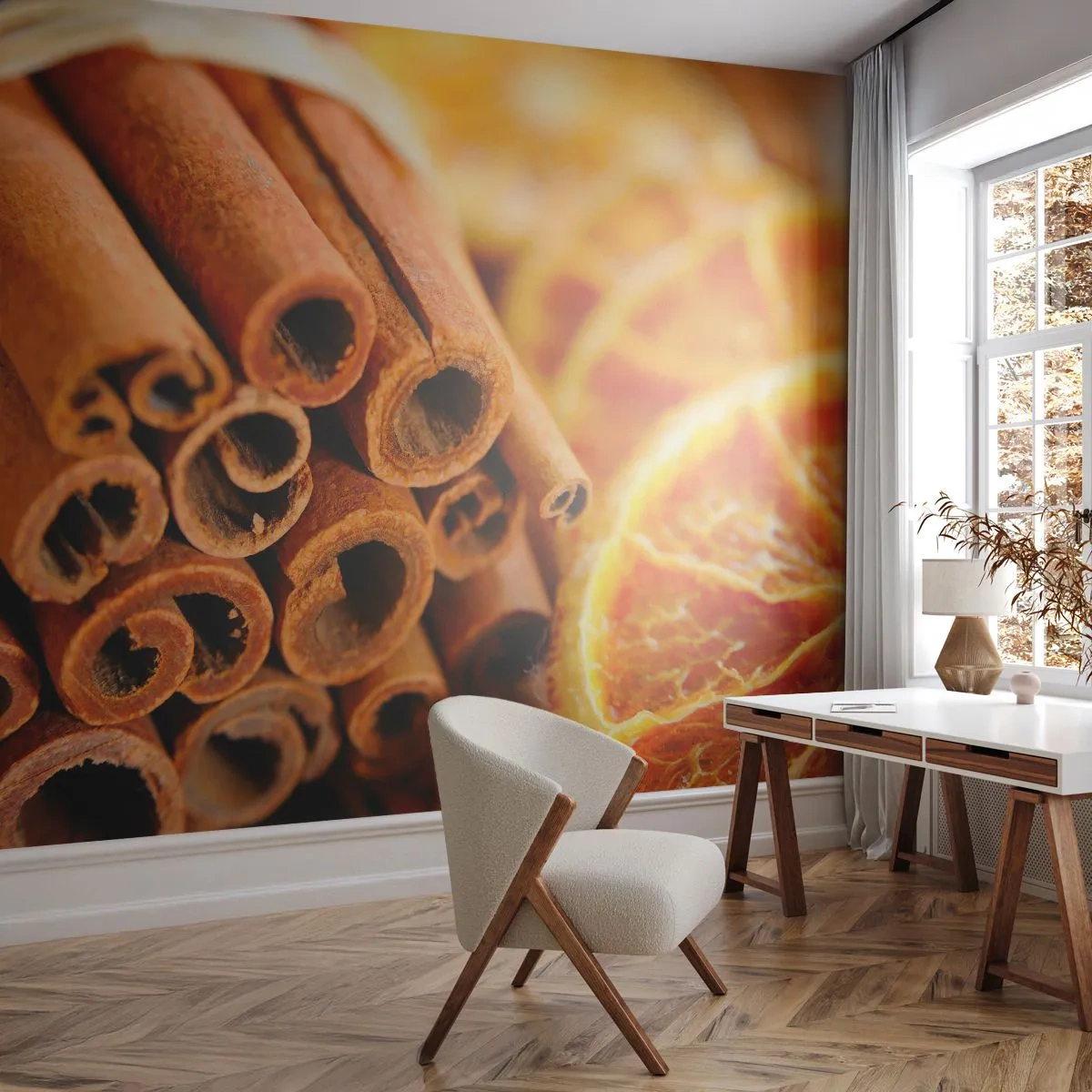 Fotótapéta Premium Sand - Érzed az aromát? - narancs, Fahéj rúd, Fűszerek - 100x70 cm