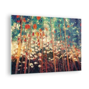 Üveg kép - Színes bambuszerdő meleg fénnyel - 70x50cm - A levelek titkos élete - Modern fali dekoráció nappalihoz és hálószobához ARTTOR