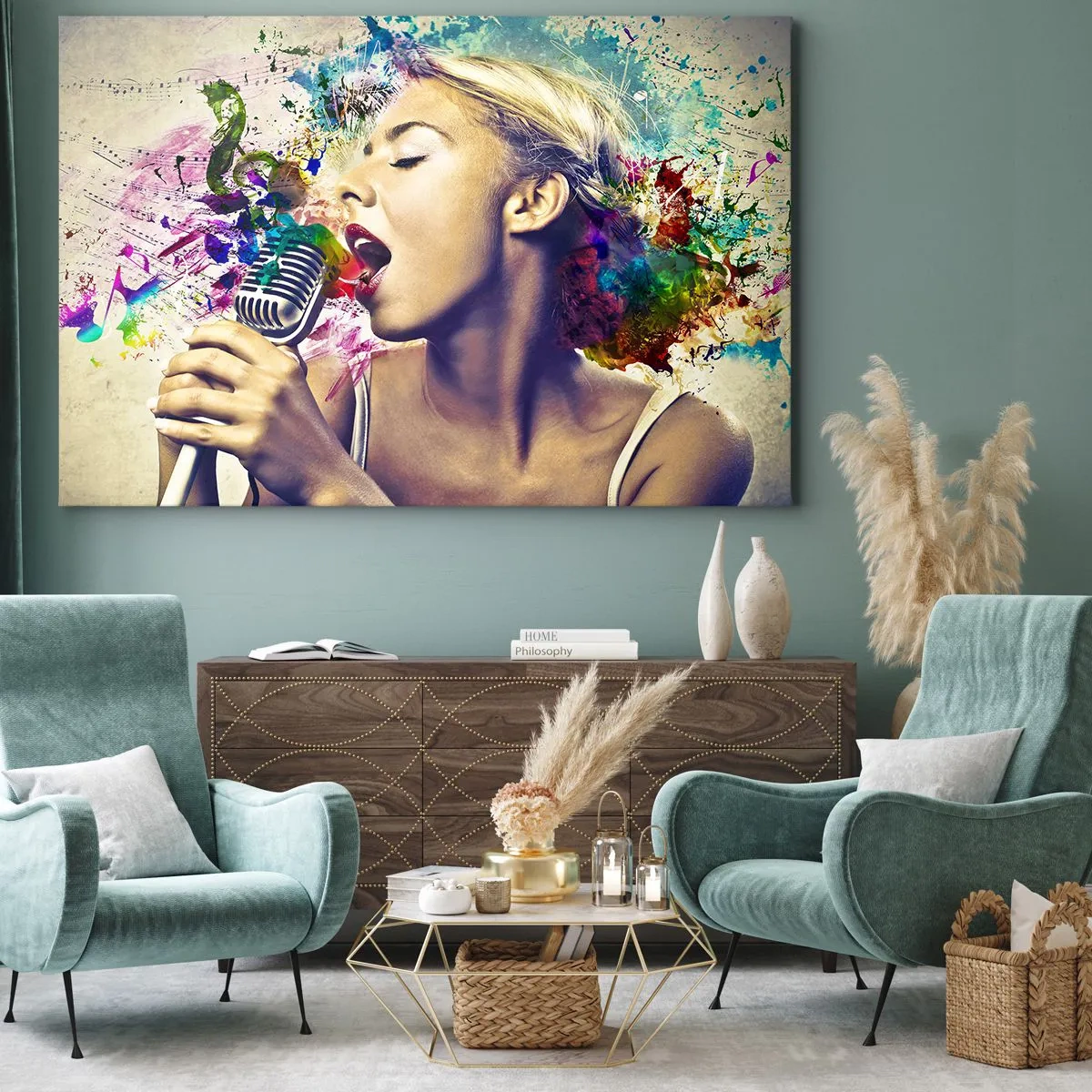 Vászonkép - Egy éneklő nő művészi portréja színes effektekkel - 70x50cm - Fesd meg a világot a hangoddal - Modern fali dekoráció nappalihoz és hálószobához ARTTOR