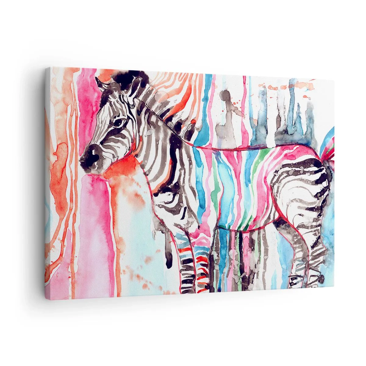 Vászonkép - Egy színes zebra absztrakt akvarell minták hátterében - 70x50cm - A természet gondtalan tréfája - Modern fali dekoráció nappalihoz és hálószobához ARTTOR