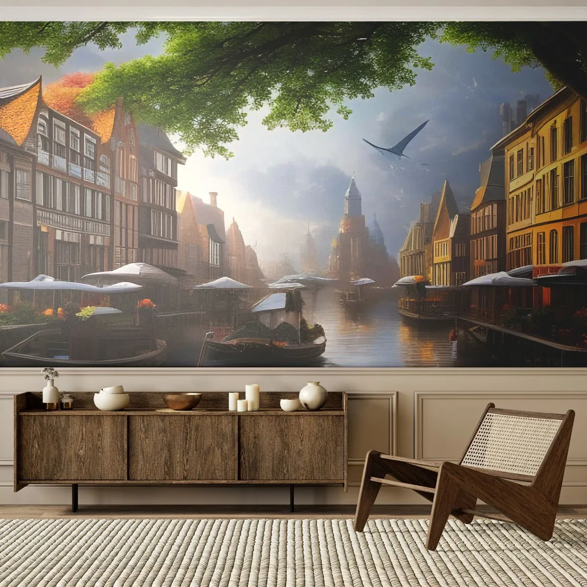 Fotótapéta Premium Sand - Holland városkép - Óváros, Csónakok, Csatorna - 350x256 cm