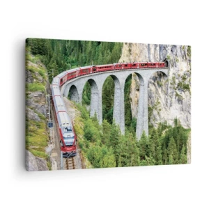 Vászonkép - Vonat egy festői viadukton hegyvidéki tájban - 70x50cm - Vasút hegyi kilátással - Modern fali dekoráció nappalihoz és hálószobához ARTTOR