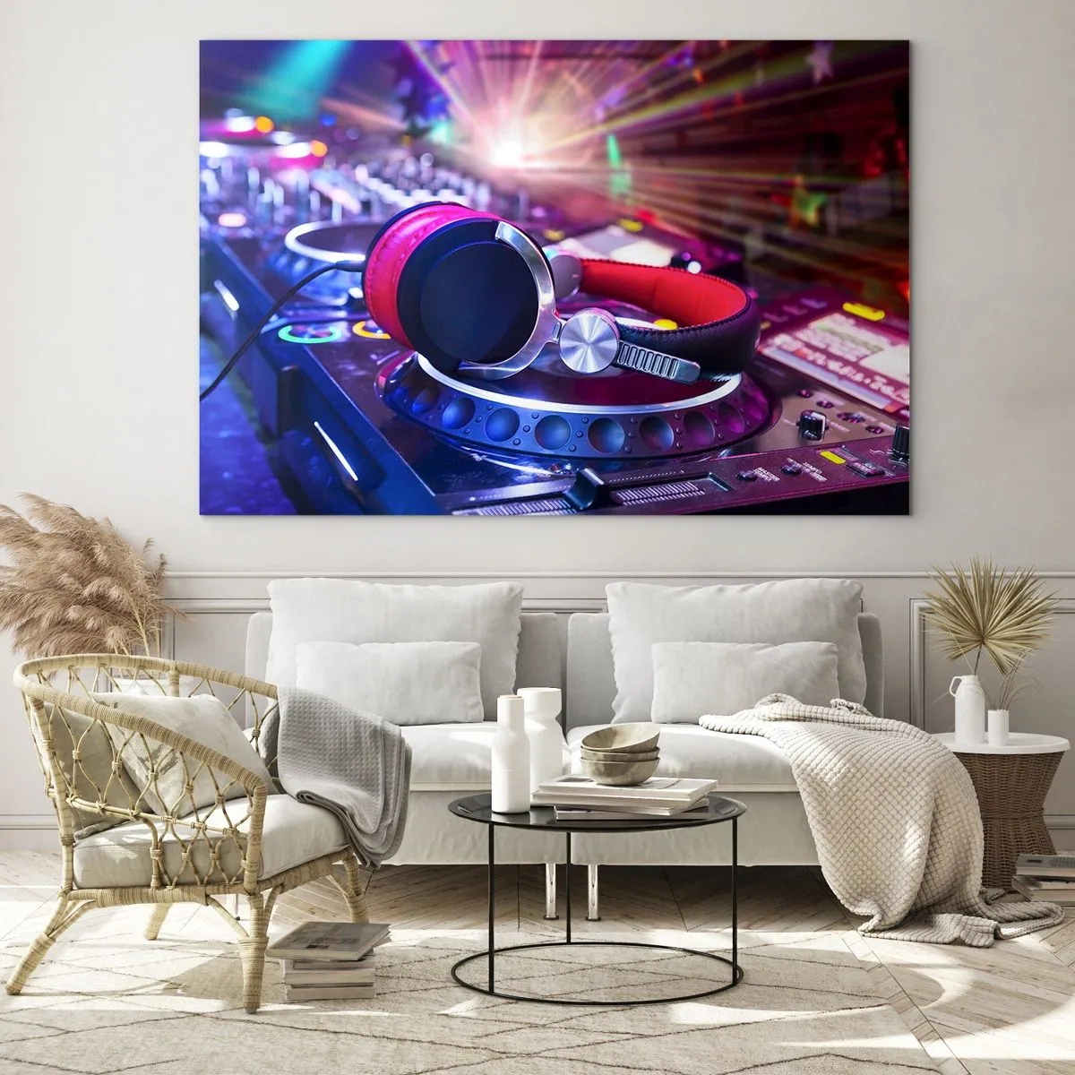 Üveg kép - DJ felszerelés színes fényekkel és fejhallgatóval - 70x50cm - Fog, történni fog - Modern fali dekoráció nappalihoz és hálószobához ARTTOR
