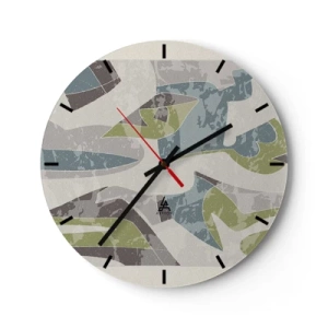 Falióra, Óra - Geometrikus absztrakciók zöld és kék színben, világos háttér előtt - 30x30cm - Kompozíció üveg mögött - Modern fali dekoráció nappalihoz, konyhához és hálószobához ARTTOR