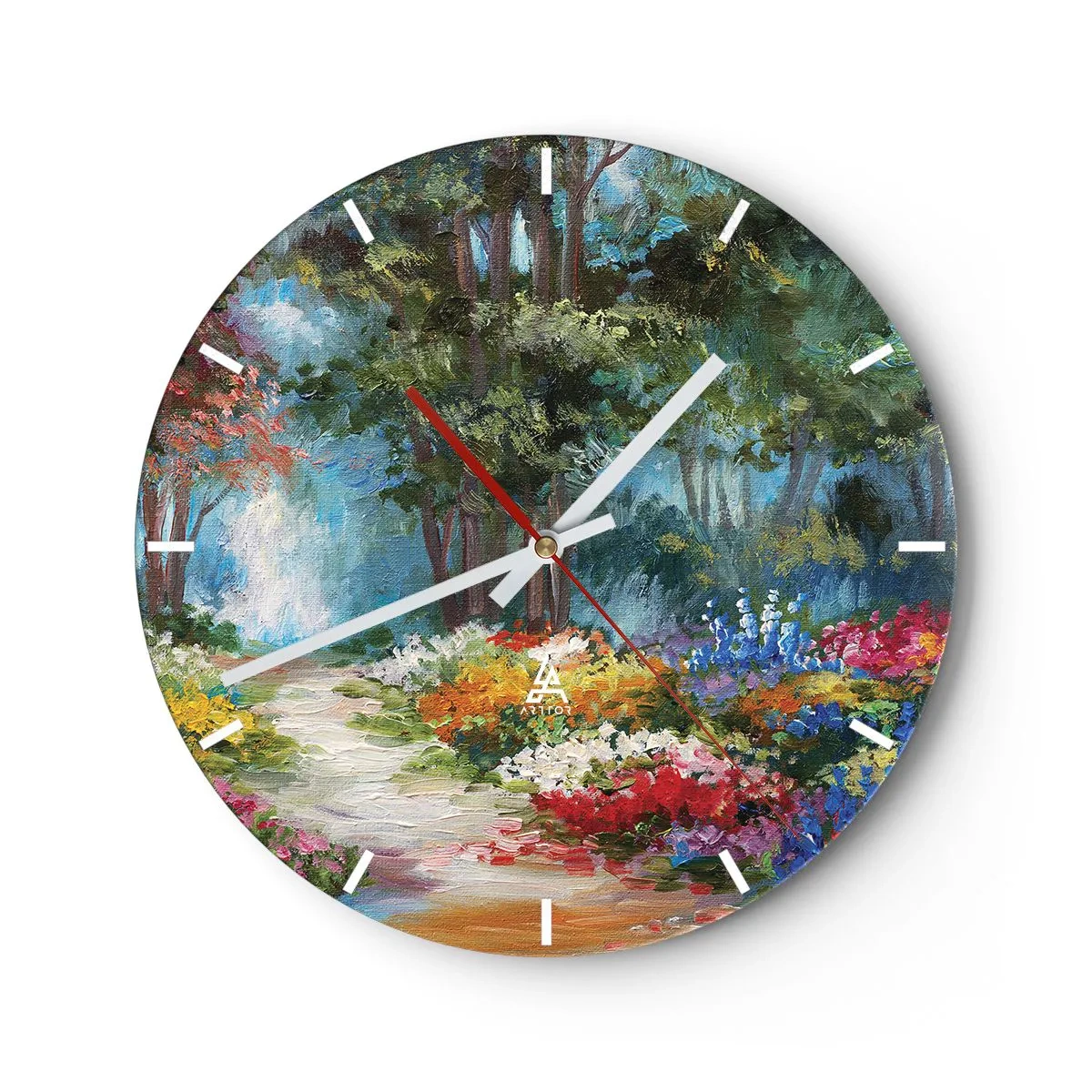 Falióra, Óra - Egy színes kert virágokkal és fákkal a háttérben - 30x30cm - Erdei kert, virágos erdő - Modern fali dekoráció nappalihoz, konyhához és hálószobához ARTTOR