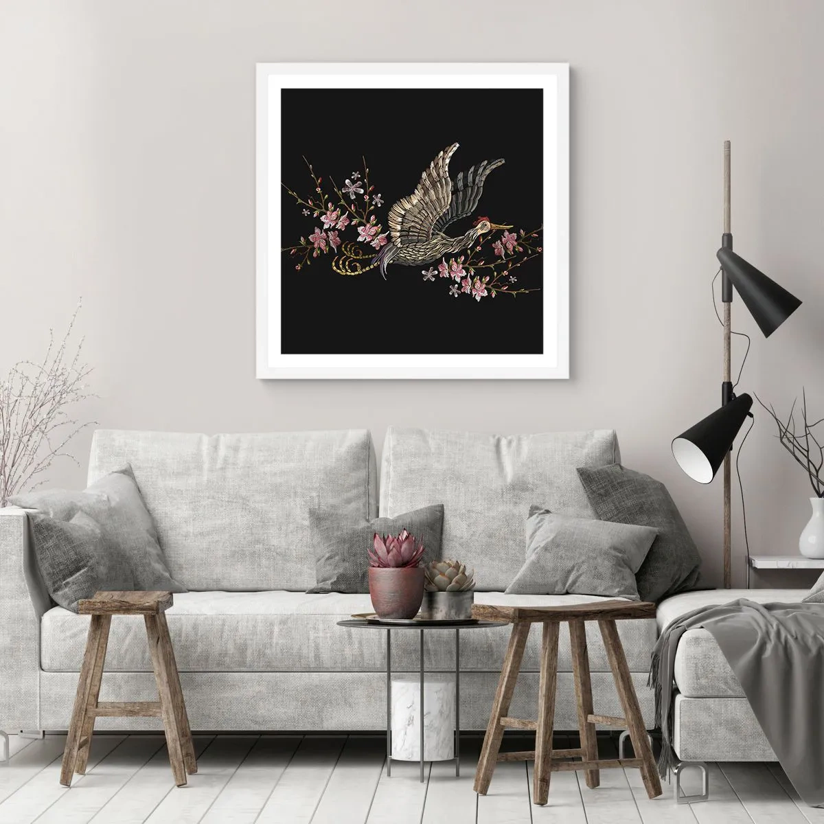 Poszter fekete keretben - Egzotikus hímzett madár - 60x60 cm