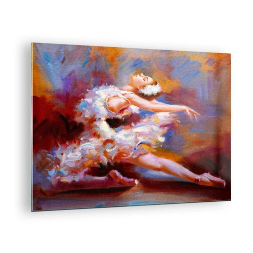 Üveg kép - Egy balerina dinamikus pózban, absztrakt színek hátterében. - 70x50cm - A hattyú eleganciája - Modern fali dekoráció nappalihoz és hálószobához ARTTOR