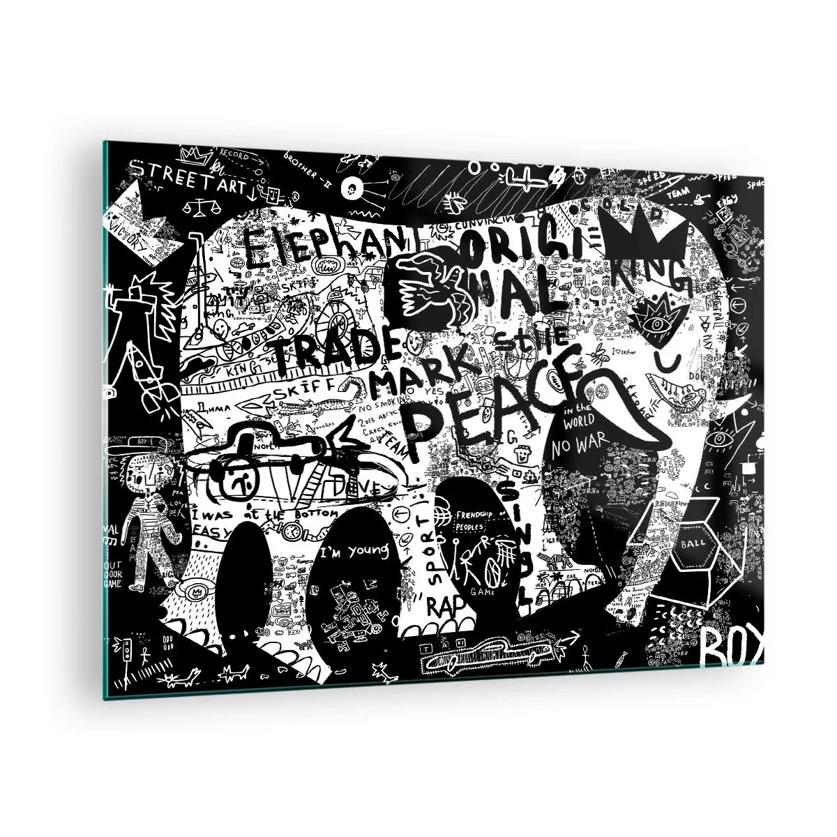 Üveg kép - Fekete-fehér graffiti kép a béke és a szabadság témáival - 70x50cm - Gazdag utcavilág - Modern fali dekoráció nappalihoz és hálószobához ARTTOR