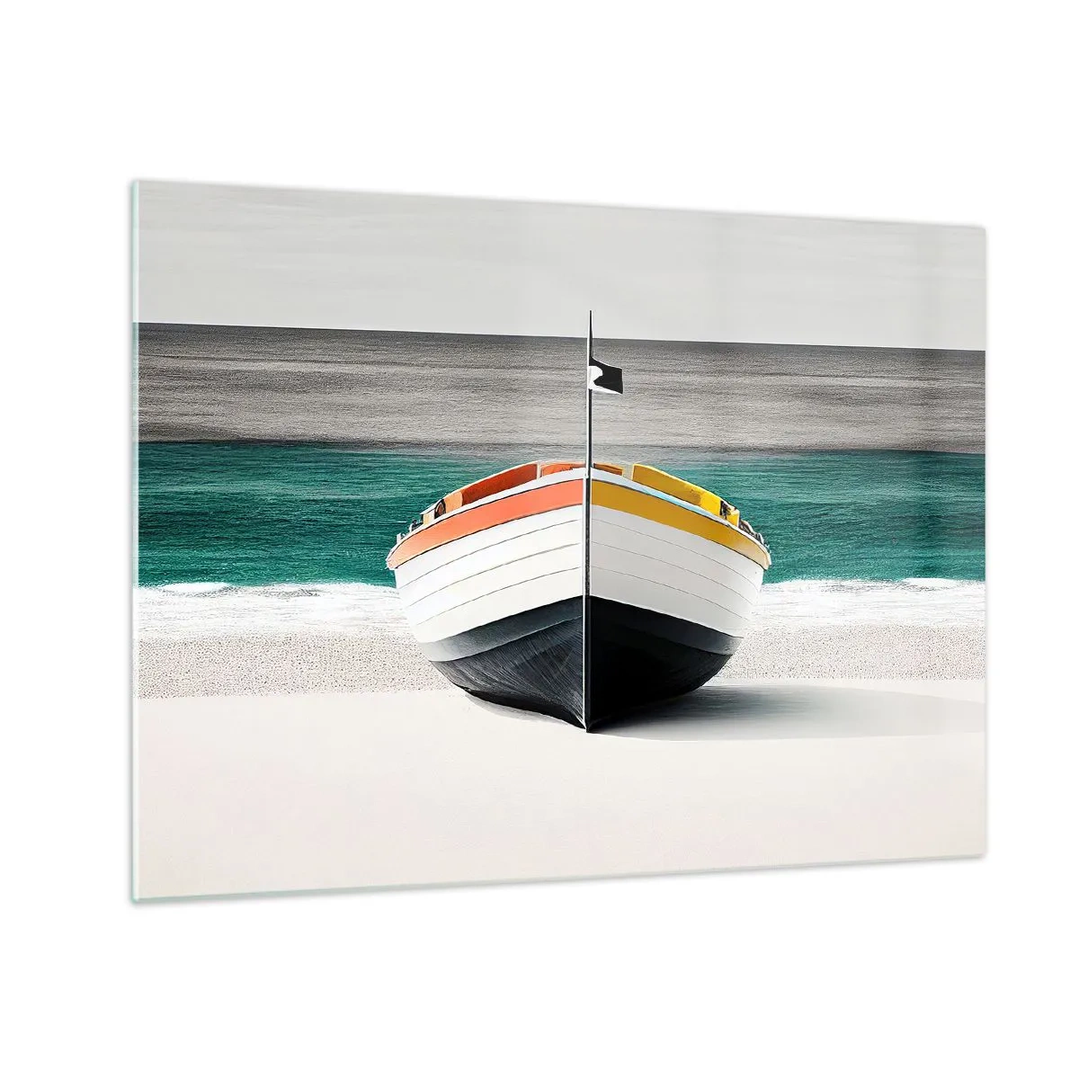 Üveg kép - Egy színes hajó a tengerparton, türkizkék tengerrel a háttérben - 70x50cm - A maga helyén - Modern fali dekoráció nappalihoz és hálószobához ARTTOR
