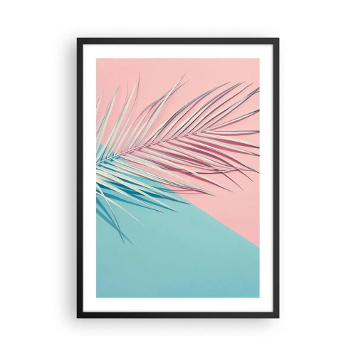 Poszter fehér keretben - Egy pálmafa pasztell rózsaszín és kék színekkel a háttérben - 50x70cm - Trópusi impresszió - Modern fali dekoráció nappalihoz és hálószobához ARTTOR
