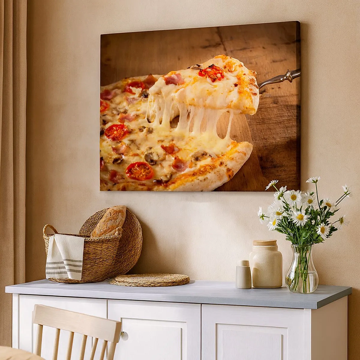 Vászonkép - Pizza szálas sajttal - 70x50cm - Az olasz művészet remekműve - Modern fali dekoráció nappalihoz és hálószobához ARTTOR