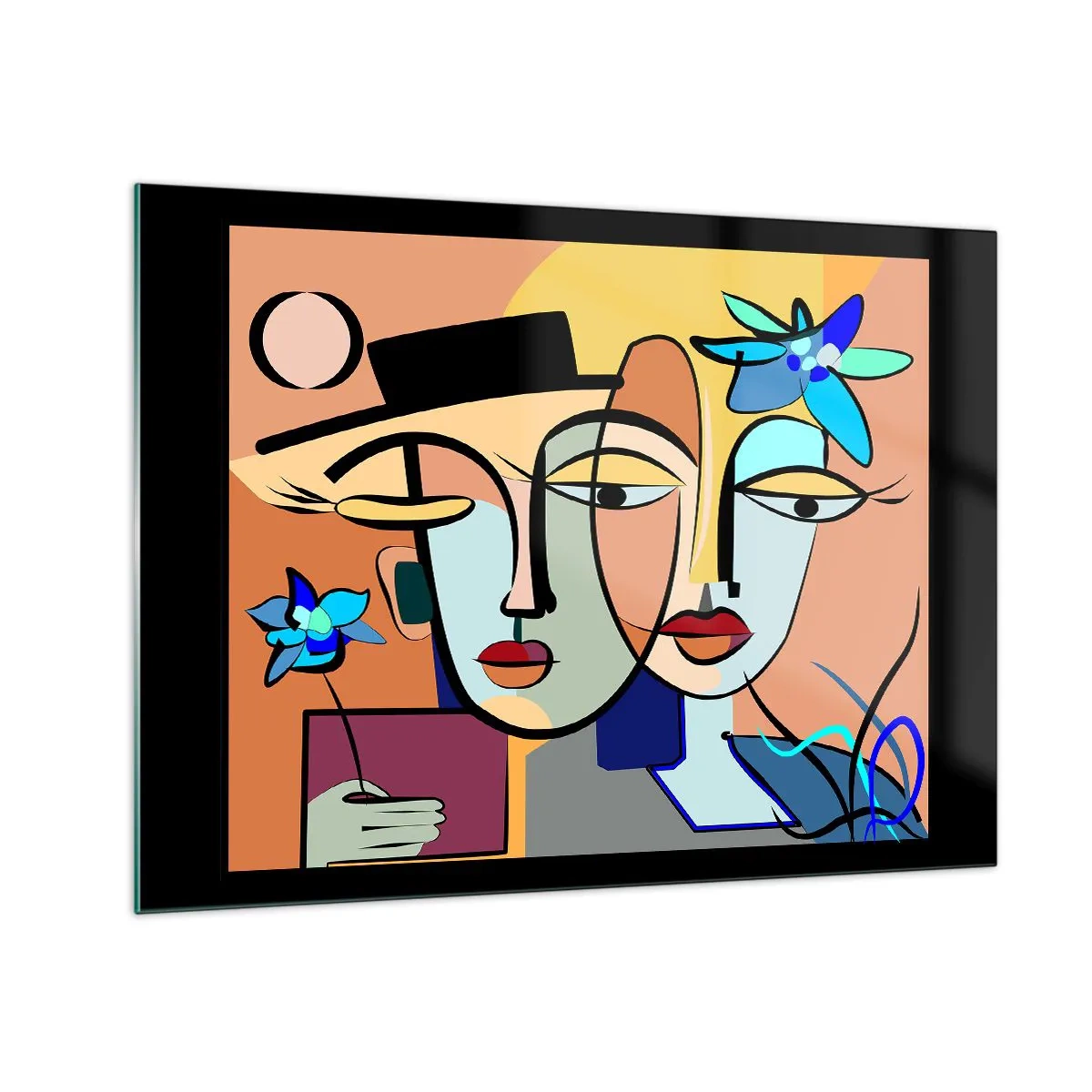 Üveg kép - Színes kubista stílusú arcok virágokkal - 70x50cm - Picasso randez vous - Modern fali dekoráció nappalihoz és hálószobához ARTTOR