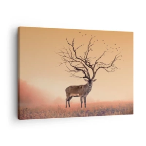 Vászonkép - Egy díszes szarvasgrafika ágakkal agancsok helyett - 70x50cm - Ős szarvas - az erdő örök szelleme - Modern fali dekoráció nappalihoz és hálószobához ARTTOR