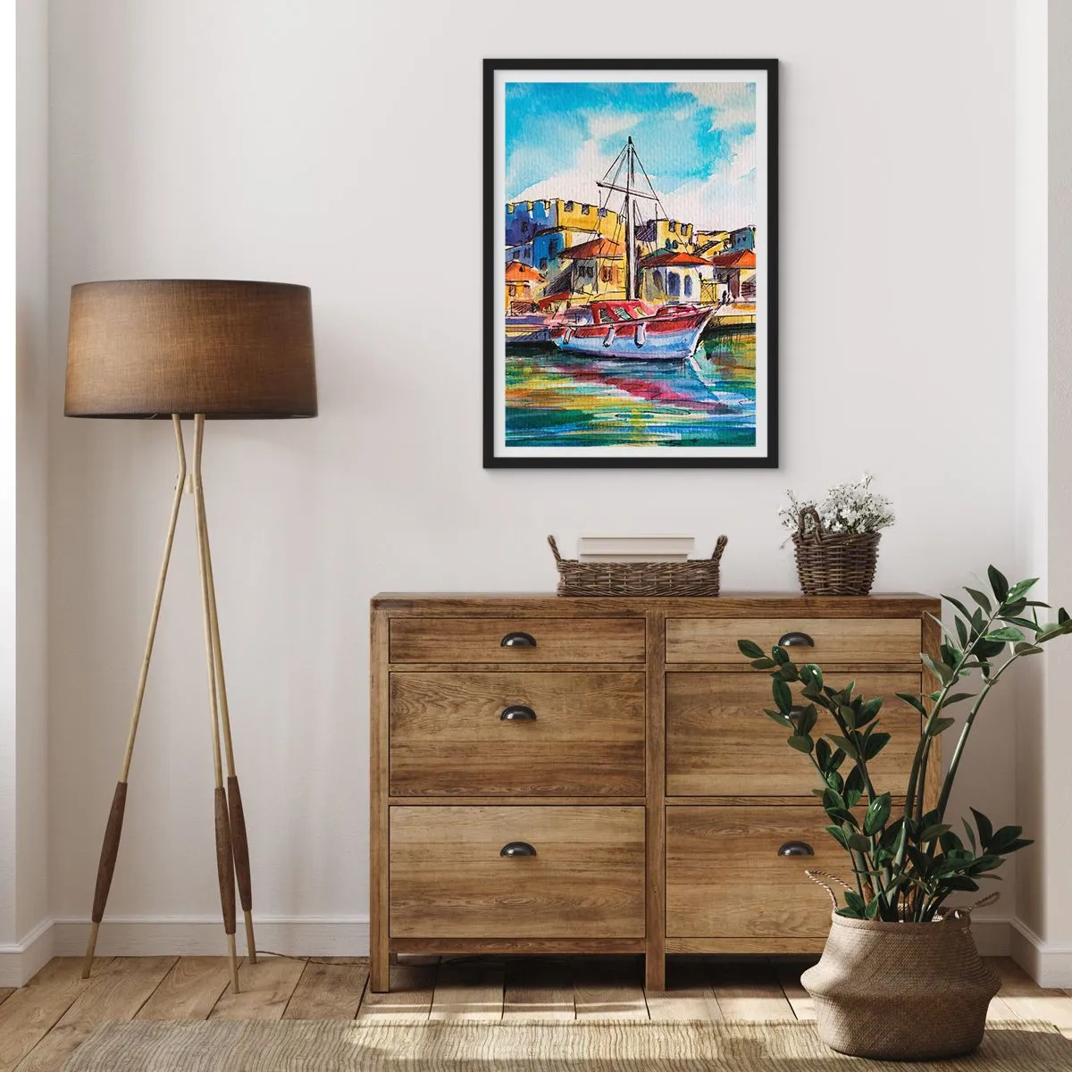 Poszter fehér keretben - Egy színes akvarellfestmény egy tengerparti városban található jachtról - 50x70cm - Szivárványos délután - Modern fali dekoráció nappalihoz és hálószobához ARTTOR