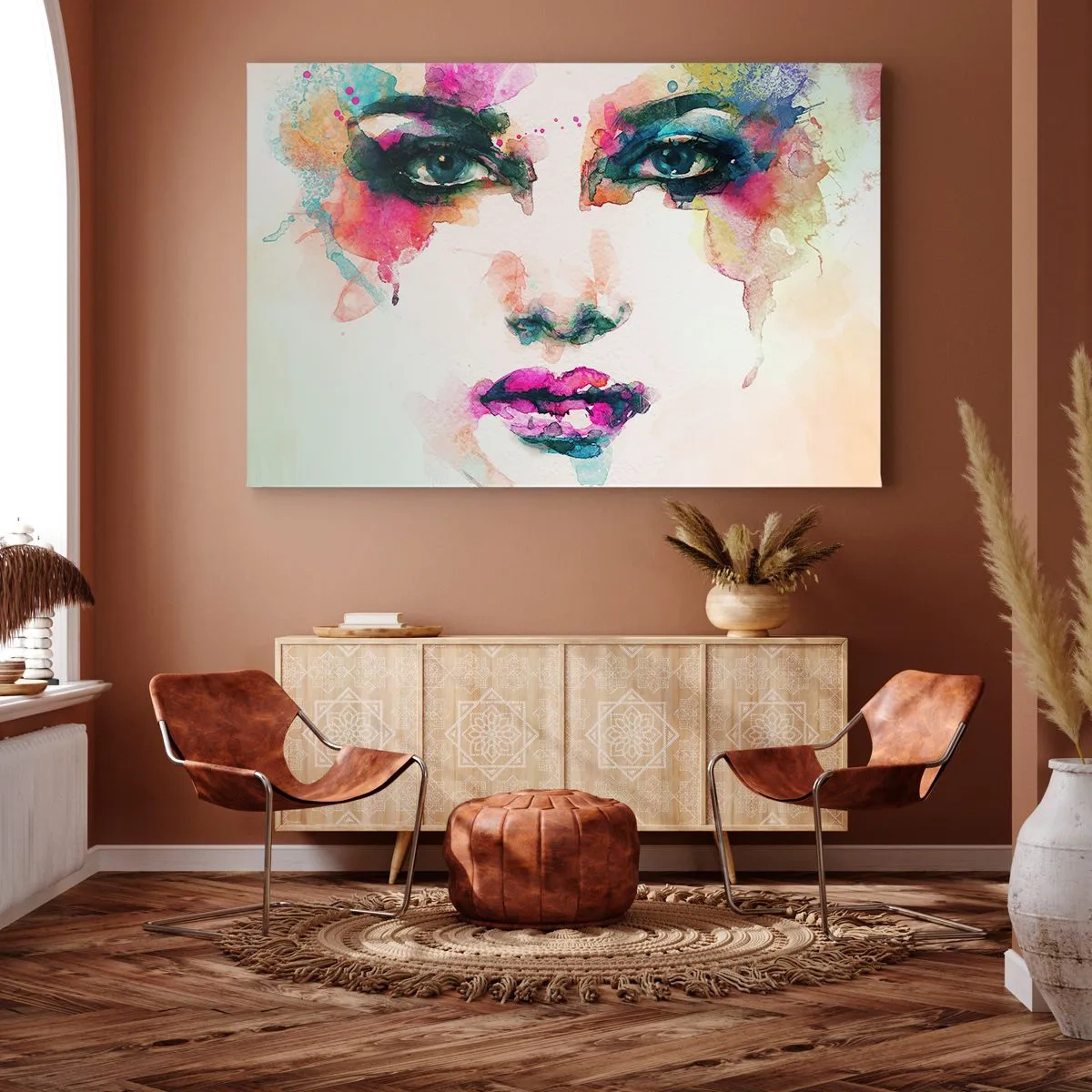 Vászonkép - Egy nő absztrakt portréja intenzív színekben - 70x50cm - Szivárvánnyal festett portré - Modern fali dekoráció nappalihoz és hálószobához ARTTOR