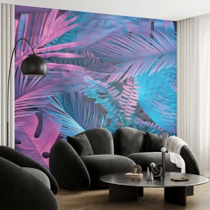Fotótapéta Premium Sand - Trópusok rózsaszínben és kékben  - Absztrakció, Levelek, Trópusi növény - 350x256 cm