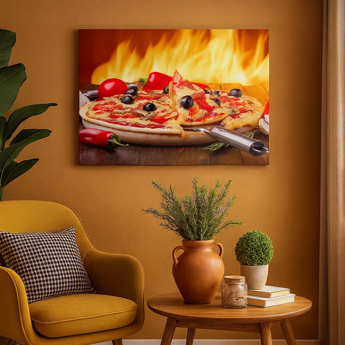 Vászonkép - Pizza olajbogyóval, paradicsommal és paprikával, lángok hátterében - 70x50cm - From Italy with love - Modern fali dekoráció nappalihoz és hálószobához ARTTOR