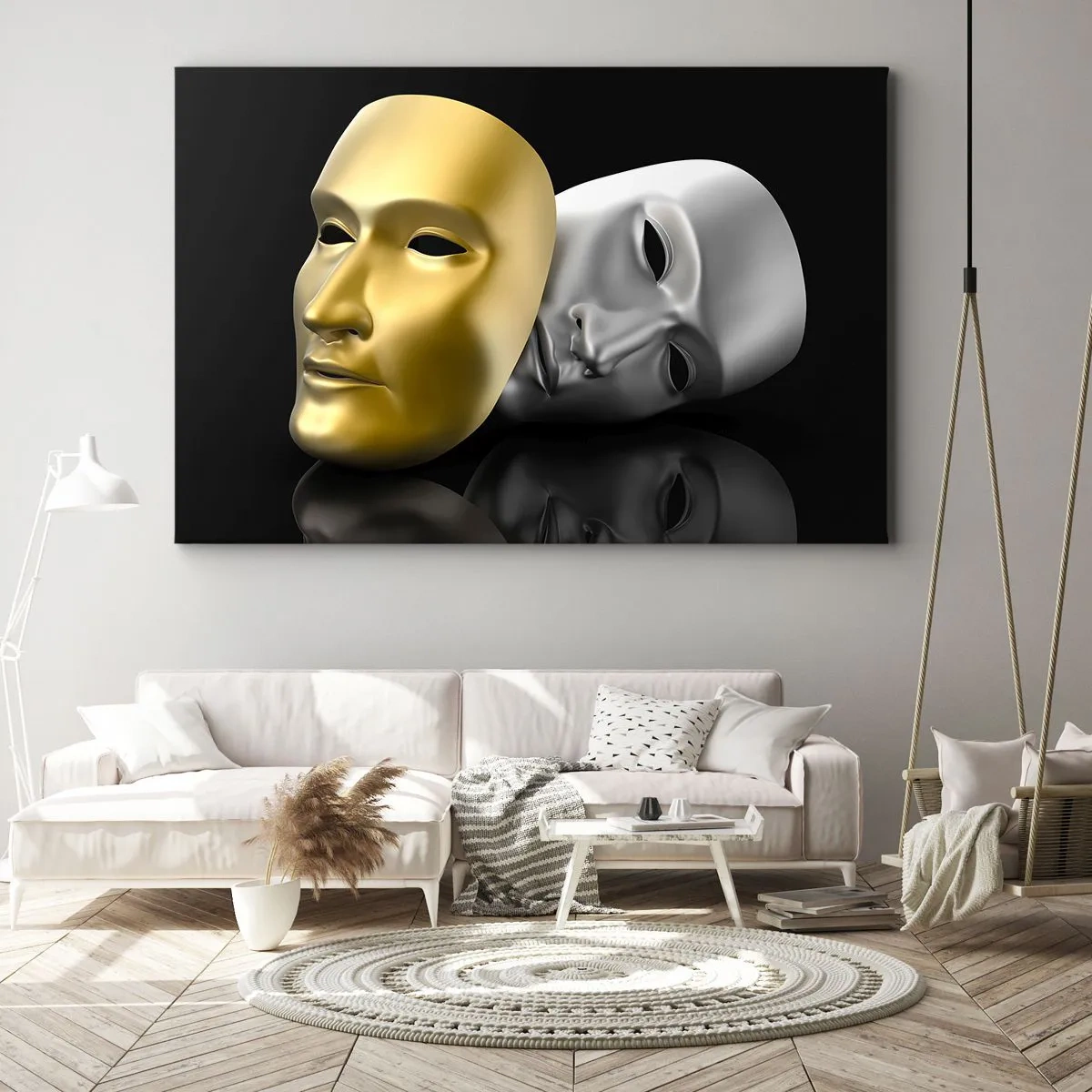 Vászonkép - Arany és ezüst maszk fekete alapon - 70x50cm - Az élet színház - Modern fali dekoráció nappalihoz és hálószobához ARTTOR