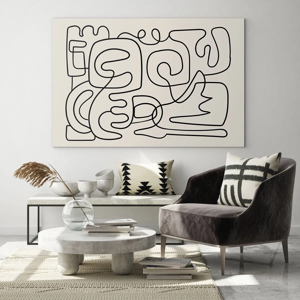 Üveg kép - Fekete absztrakt vonalak alkotnak összetett mintát bézs alapon - 70x50cm - A nyomonkövetésben - Modern fali dekoráció nappalihoz és hálószobához ARTTOR