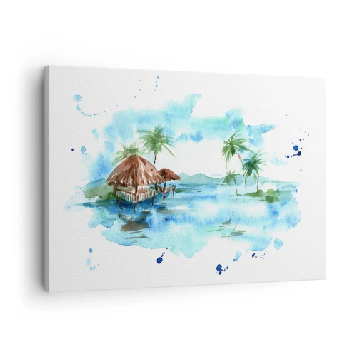 Vászonkép - Akvarell festmény egy trópusi tájról házakkal és pálmafákkal - 70x50cm - Valahol a Csendes-óceánon - Modern fali dekoráció nappalihoz és hálószobához ARTTOR