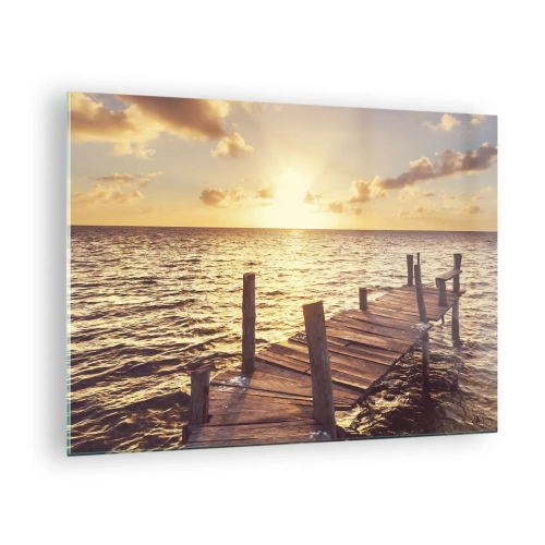 Üveg kép - Egy fából készült móló a lenyugvó nap hátterében - 70x50cm - A szelídség aranyföldje - Modern fali dekoráció nappalihoz és hálószobához ARTTOR
