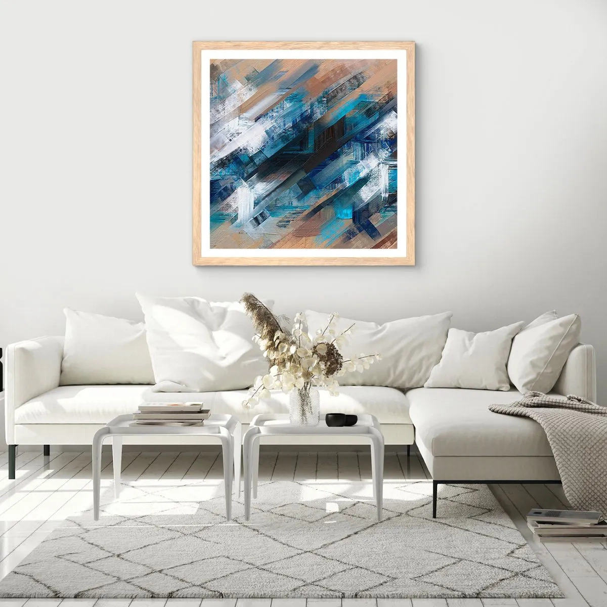 Poszter világos tölgy keretben - Kék ferdén - 30x30 cm