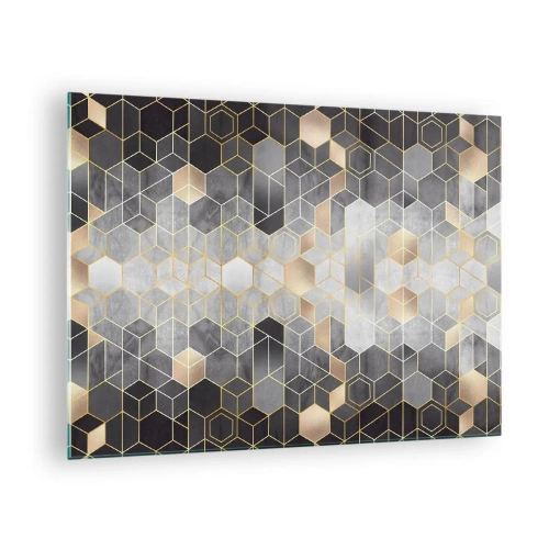 Üveg kép - Arany vonalakban elrendezett hatszögek geometrikus mintázata - 70x50cm - Gyémánt kompozíció - Modern fali dekoráció nappalihoz és hálószobához ARTTOR