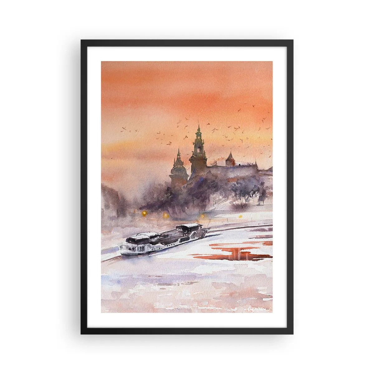 Poszter fehér keretben - Akvarell városkép naplementekor - 50x70cm - Királyi naplemente - Modern fali dekoráció nappalihoz és hálószobához ARTTOR