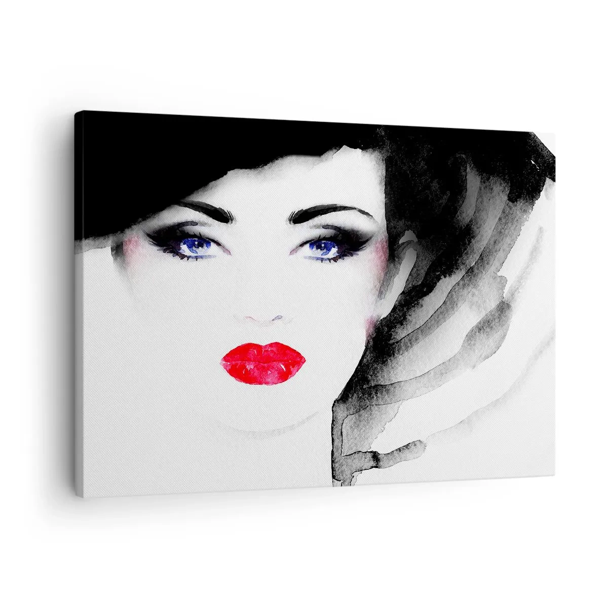 Vászonkép - Vörös ajkakkal és intenzív kék szemekkel rendelkező nő portréja - 70x50cm - Elutasít és hív - Modern fali dekoráció nappalihoz és hálószobához ARTTOR